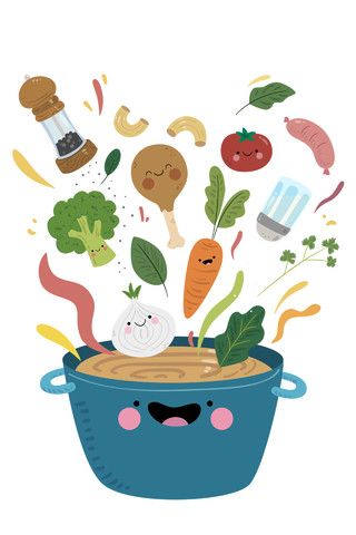 卡通食品安全宣传蔬菜西蓝花炖汤洋葱萝卜鸡腿矢量素材